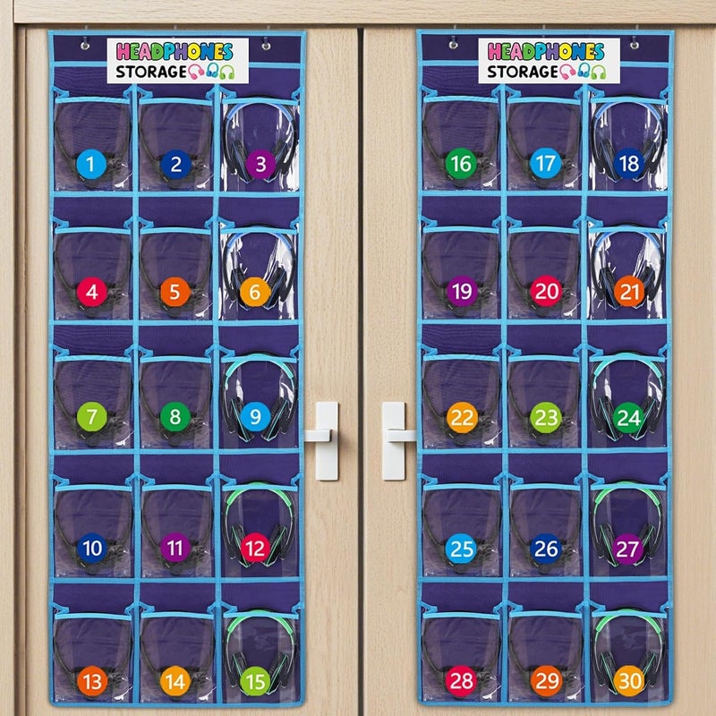 Olpchee 2 Pack Classroom Headphone Storage Organizer with 30 Pockets, PVC Clear Classroom Pocket Chart for Headphone Cell Phone Over-the-Door Hanging Headphone Holder Bag with 62 Labels(Blue) - Image 1